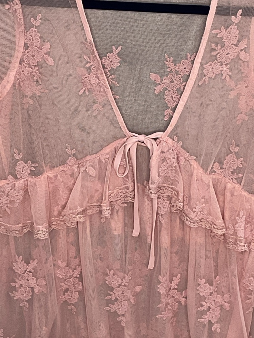 Sheer Pink Lace Babydoll Top Bell Sleeve Boho Blouse Medium - Picture 7 of 8